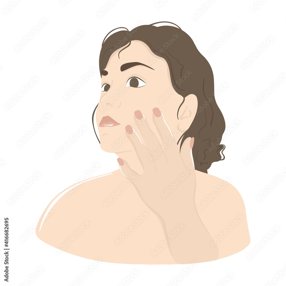 A beautiful young woman gently hums her cheek. The concept of tenderness, comfort, care, self-love. Vector illustration on white background A beautiful young woman gently hums her cheek. The concept of tenderness, comfort, care, self-love. Vector illustration on white background