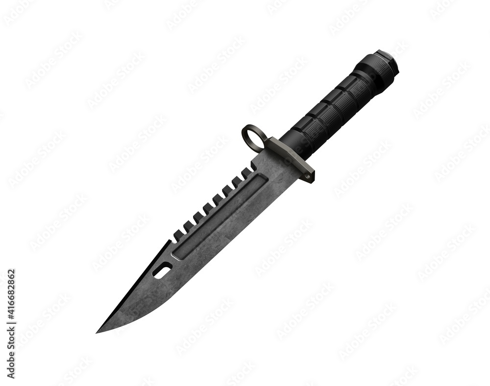 Military knife on white background. Army knife. Army blade. Bayonet. Military bayonet weapon. Self defense. Survival knife. 3D illustration. Military knife on white background. Army knife. Army blade. Bayonet. Military bayonet weapon. Self defense. Survival knife. 3D illustration.