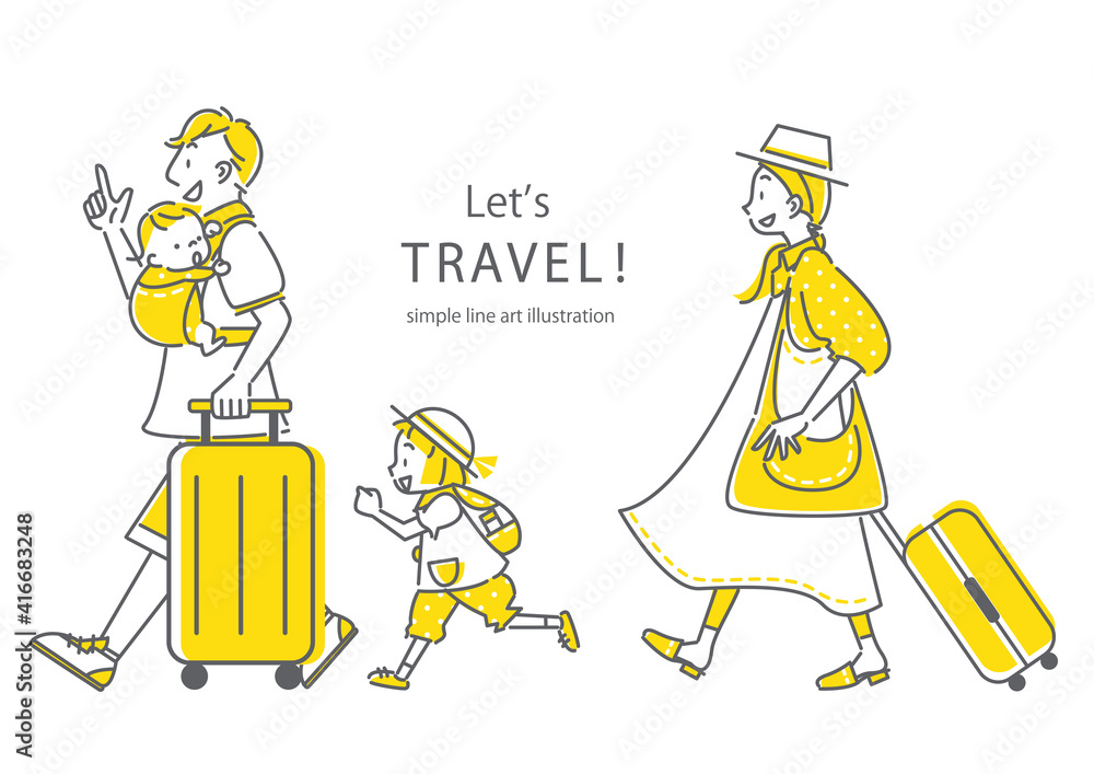 楽しそうに旅行する4人家族のシンプルでおしゃれな線画イラスト素材　2色	
