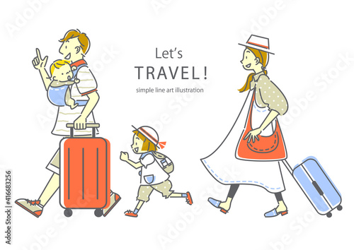 楽しそうに旅行する4人家族のシンプルでおしゃれな線画イラスト素材　三色　肌色あり