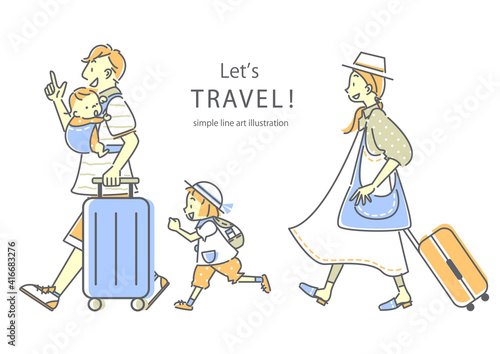 楽しそうに旅行する4人家族のシンプルでおしゃれな線画イラスト素材　三色　肌色あり	
