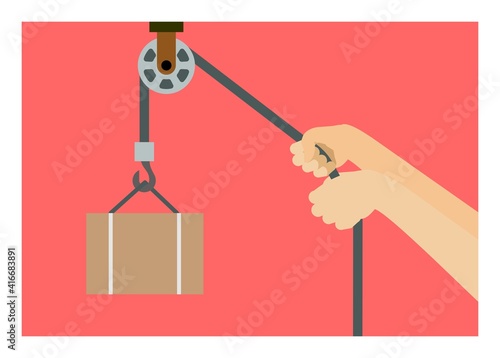 Hand pulling pulley. Simple flat illustration.
