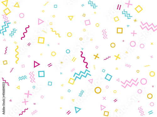 Memphis style geometric confetti background with triangle, circle, square, zigzag and wavy line