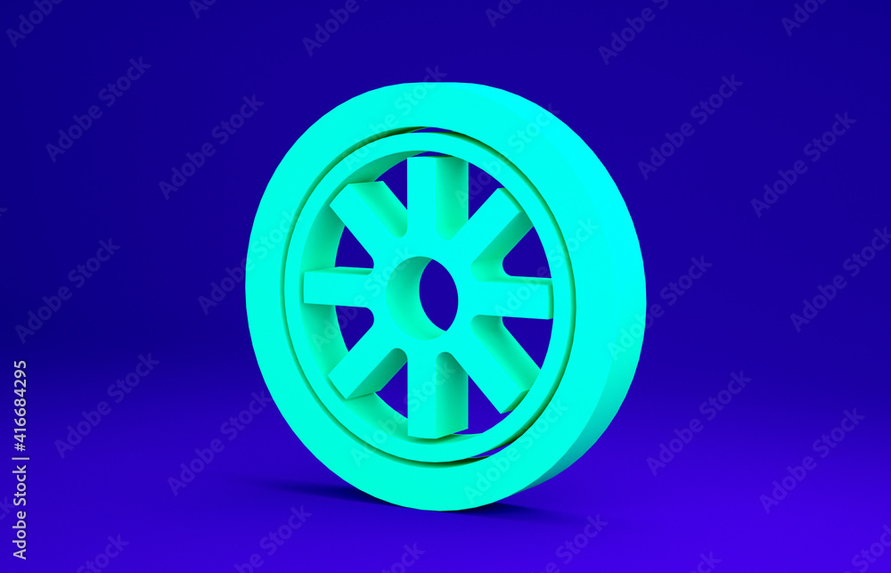 Green Car wheel icon isolated on blue background. Minimalism concept. 3d illustration 3D render.