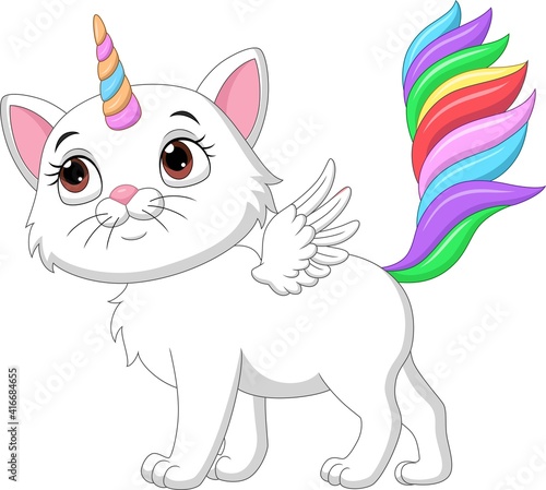 Cartoon cute unicorn cat with wings on white background