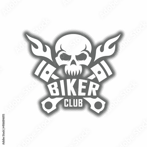 Black and white illustration of a skull, flame, piston and text on a white background. Vector illustration in vintage style for emblem, badge, print, label. Biker club symbol.