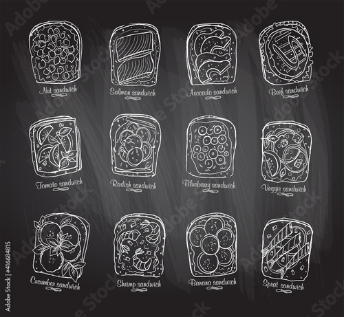 Chalkboard illustration of assorted sandwiches
