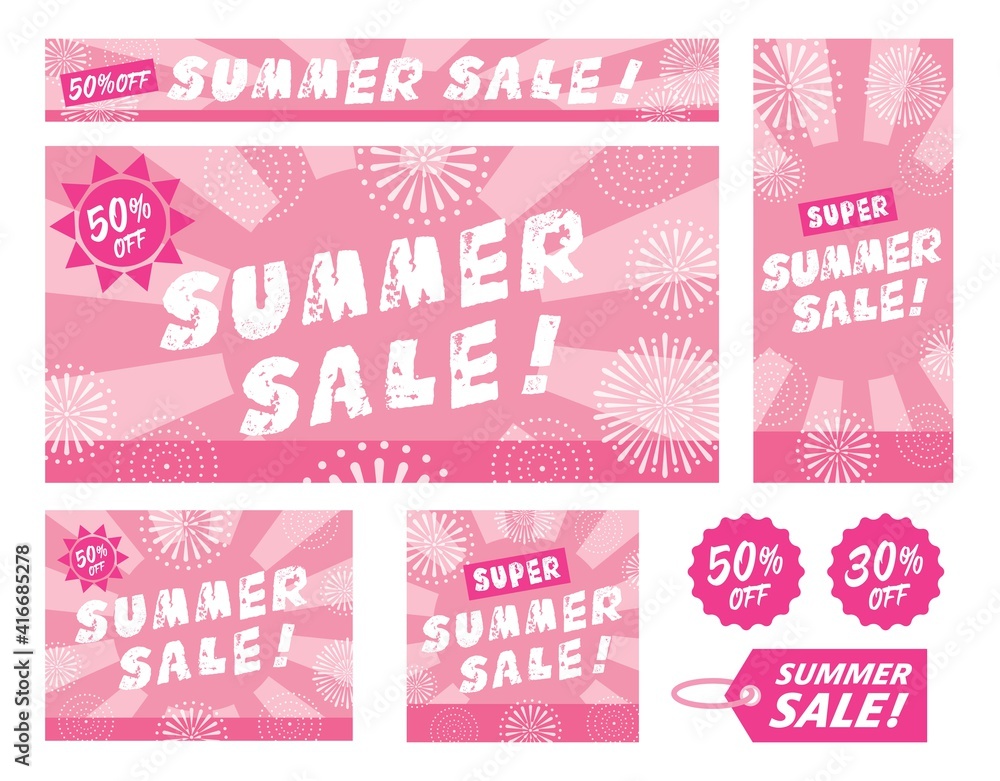 Fototapeta premium サマーセールのピンクのバナーイラストのセット