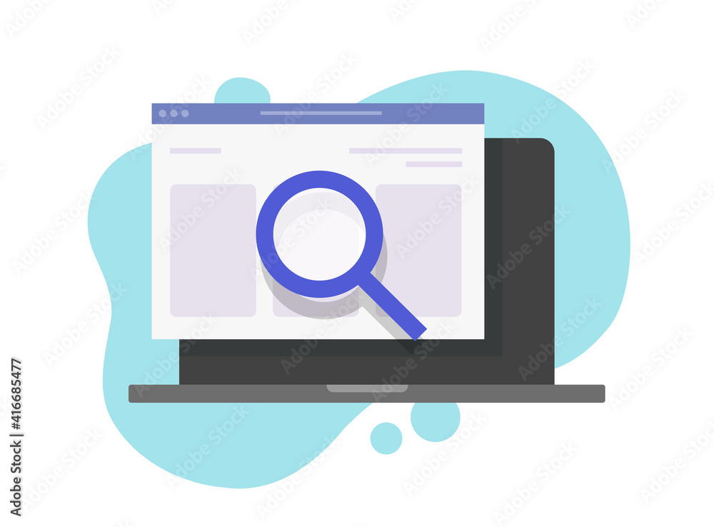 Internet web page development analysis or search engine optimization research vector concept flat cartoon illustration, website inspection idea via magnifying glass, content research, seo audit icon Internet web page development analysis or search engine optimization research vector concept flat cartoon illustration, website inspection idea via magnifying glass, content research, seo audit icon