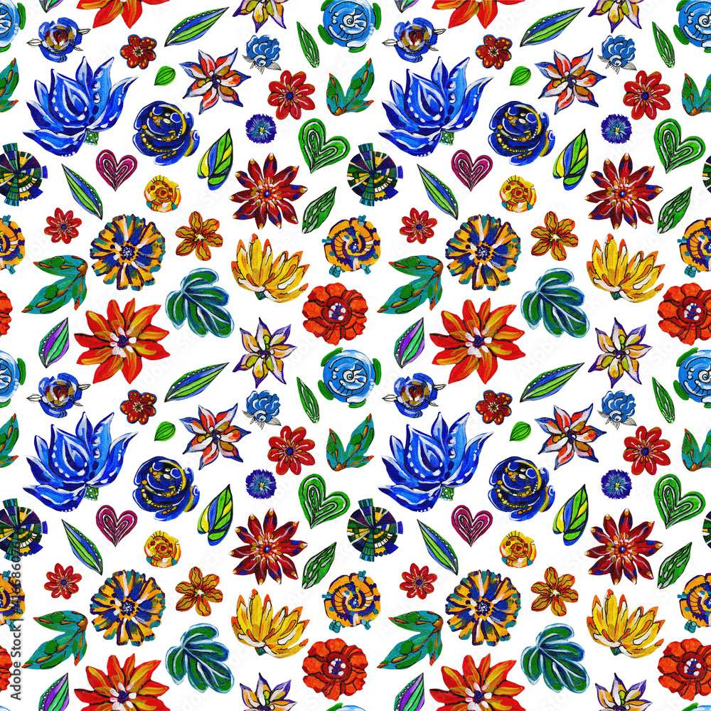 Obraz premium Illustration seamless pattern of acrylic colorful drawing flowers on white isolated background