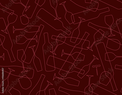 Vector seamless line texture wine bottle and wine glass. Dark red background.