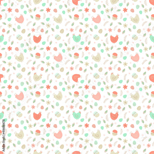Chicken and eggs easter seamless pattern. Cute cartoon vector flat illustration. Design for Easter, packaging paper, textiles.
