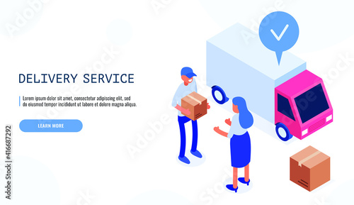 Delivery service concept. Postman gives the box to the female client. Delivery van on background. Isometric web banner. Vector.
