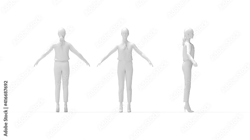 3D rendering of a casual business woman multiple views, front side and back. 3D rendering of a casual business woman multiple views, front side and back.