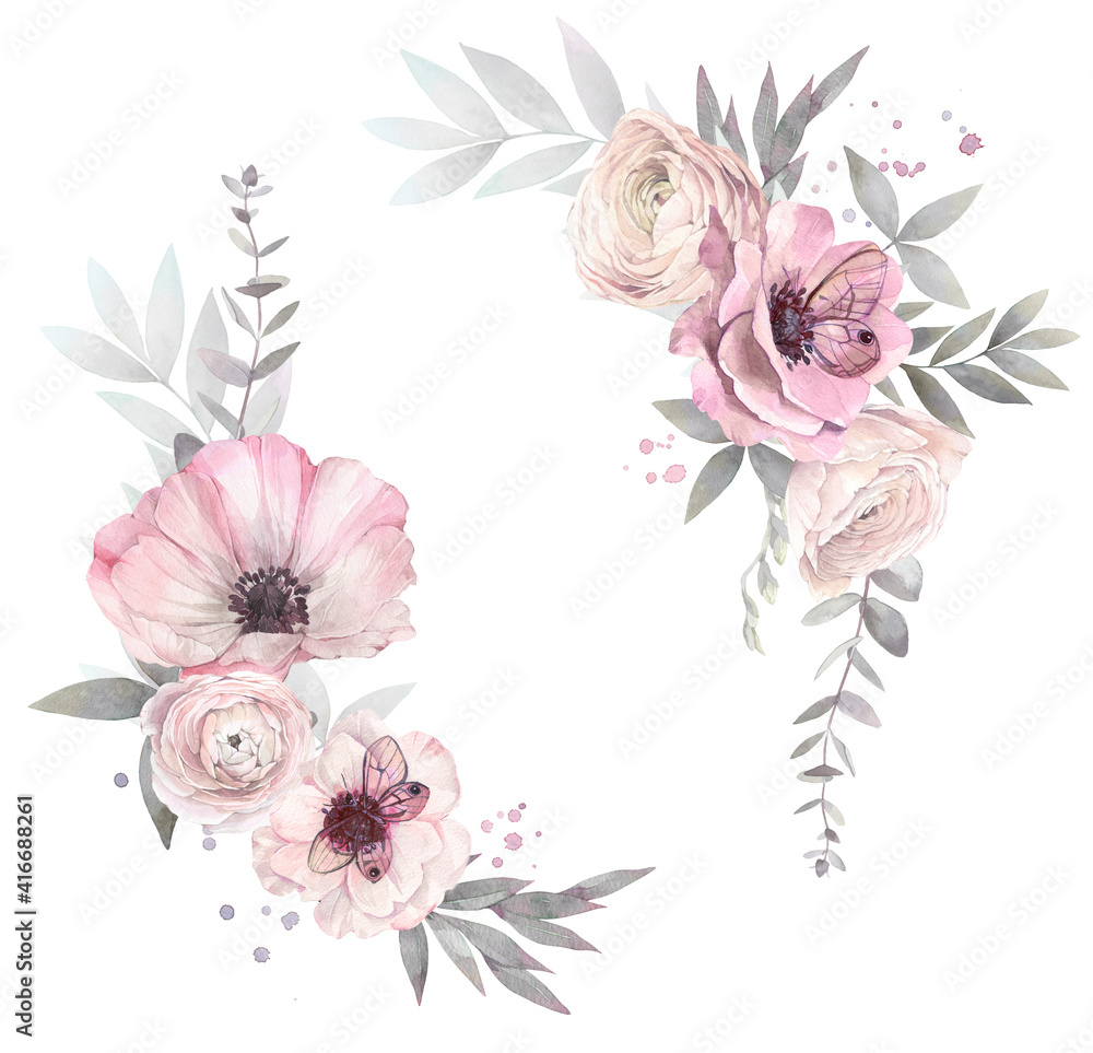 Floral set of bouquets with anemone flowers, ranunculuses and transparent butterflies. Hand drawn watercolor illustration.