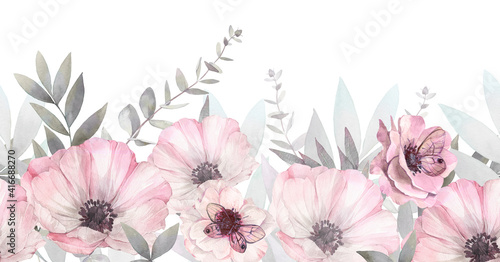 Floral seamless border of tender flowers and green leaves. Hand drawn watercolor illustration.