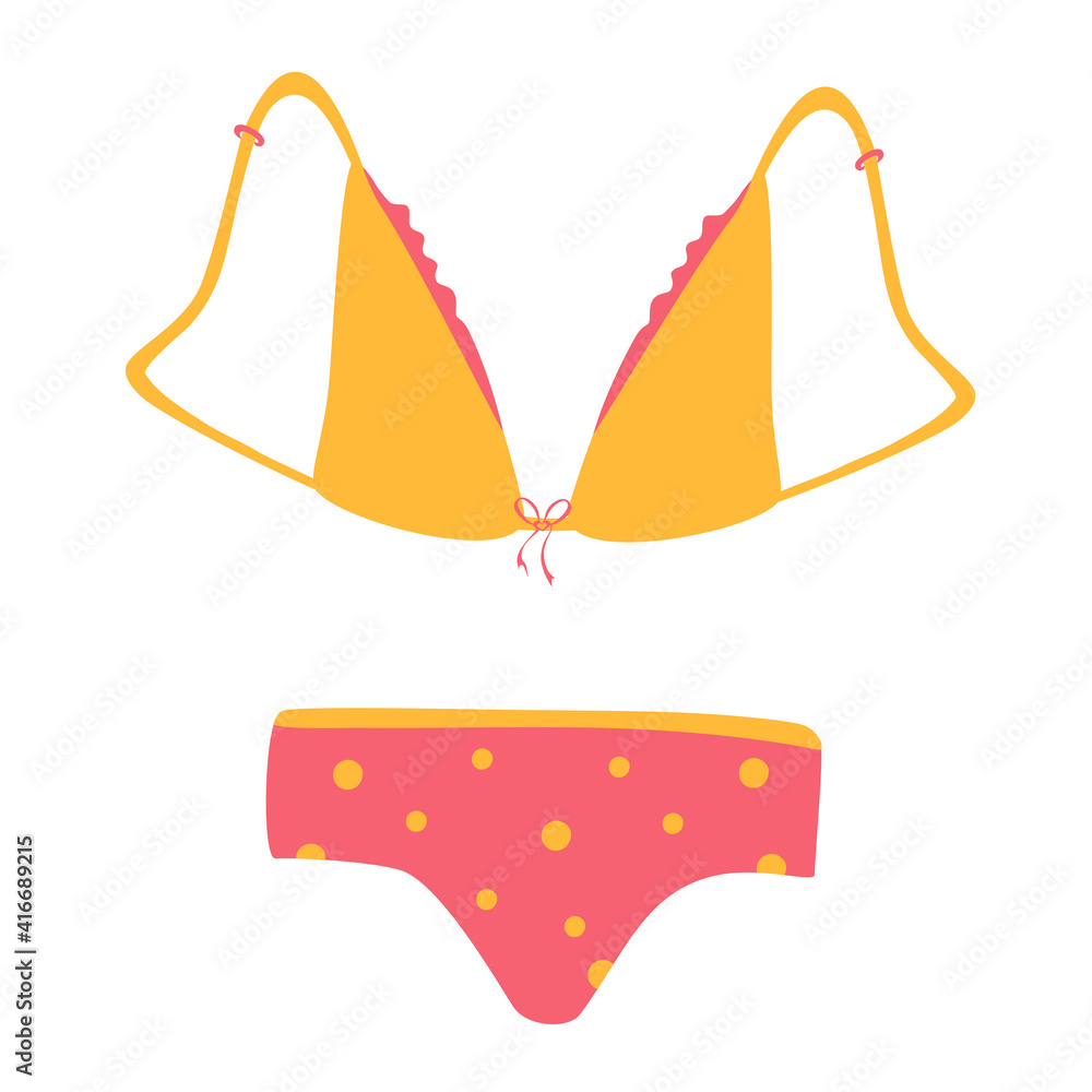 Vector drawing of panties and bras. A set of fashionable women's underwear, a set of underwear. Bikini swimsuit for summer. Sensuality, femininity. Fashion flat sketch template. 