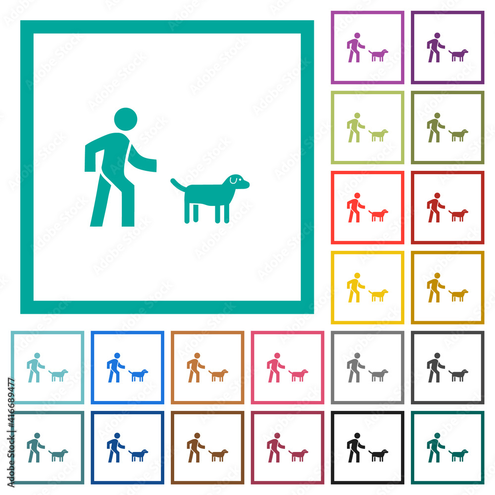Dog walking flat color icons with quadrant frames Dog walking flat color icons with quadrant frames