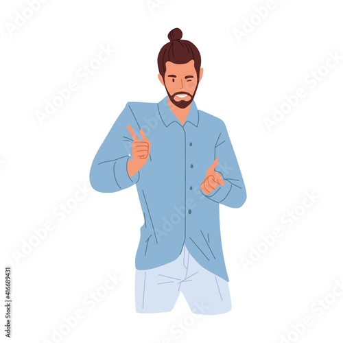 Young confident man winking and pointing with fingers. Portrait of seductive smiling guy flirting and seducing. Colored flat vector illustration of charming character isolated on white background