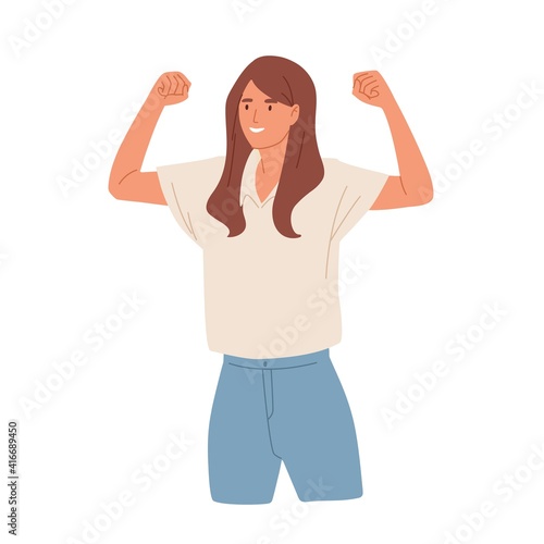 Winning gesture of happy confident woman expressing positive emotion. Successful smiling female character showing strength with fists up. Colored flat vector illustration isolated on white background