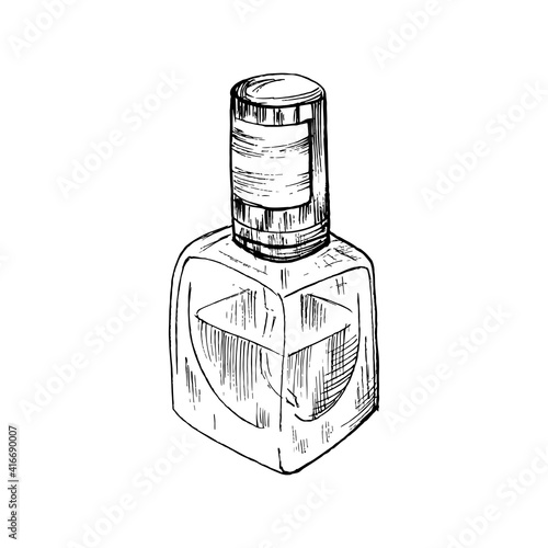 Glass bottle for perfume, cosmetics or nail polish. Hand-drawn in sketch style. Vector illustration.