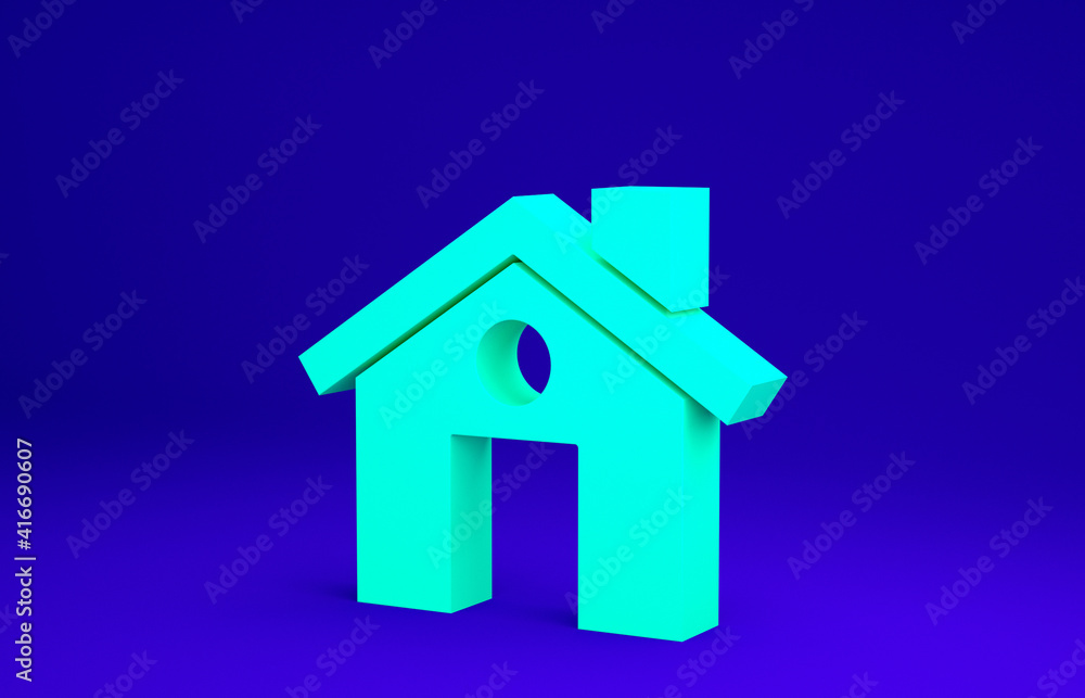 Green House icon isolated on blue background. Home symbol. Minimalism concept. 3d illustration 3D render. Green House icon isolated on blue background. Home symbol. Minimalism concept. 3d illustration 3D render.