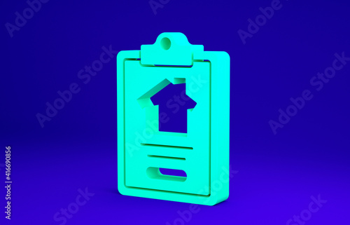 Green House contract icon isolated on blue background. Contract creation service, document formation, application form composition. Minimalism concept. 3d illustration 3D render.