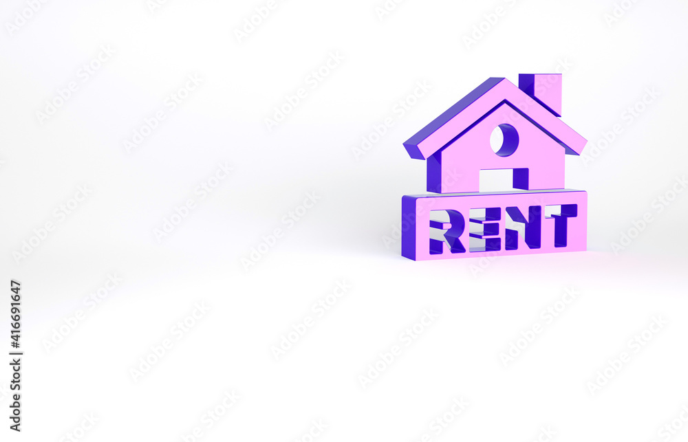 Purple Hanging sign with text Rent icon isolated on white background. Signboard with text For Rent. Minimalism concept. 3d illustration 3D render.