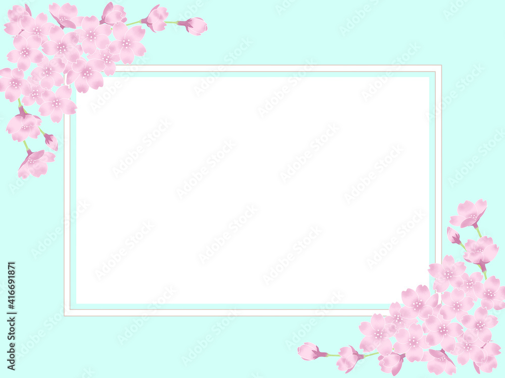 四角フレーム－水色の背景－桜のあしらい
