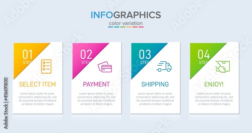 Concept of shopping process with 4 successive steps. Four colorful graphic elements. Timeline design for brochure, presentation, web site. Infographic design layout.