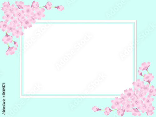 四角フレーム－水色の背景－桜のあしらい 