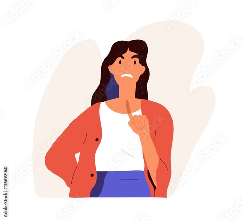 Furious angry woman scolding in anger. Annoyed female character with irritated face expression complaining and pointing with finger up. Colored flat vector illustration isolated on white background