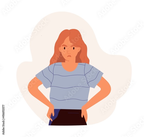 Sad offended woman sulking and expressing angry emotion. Frustrated female character with unhappy face expression. Colored flat vector illustration of irritated person isolated on white background