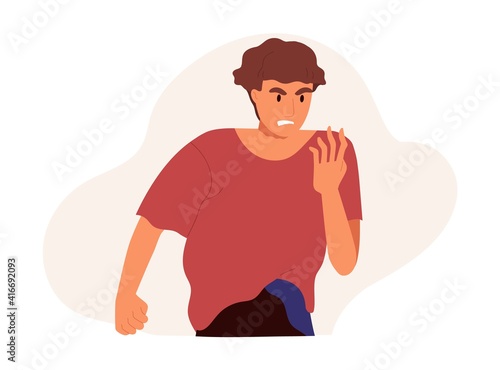 Angry annoyed man with dissatisfied facial expression. Aggressive discontented guy with evil face expressing anger, fury and rage. Colored flat vector illustration isolated on white background