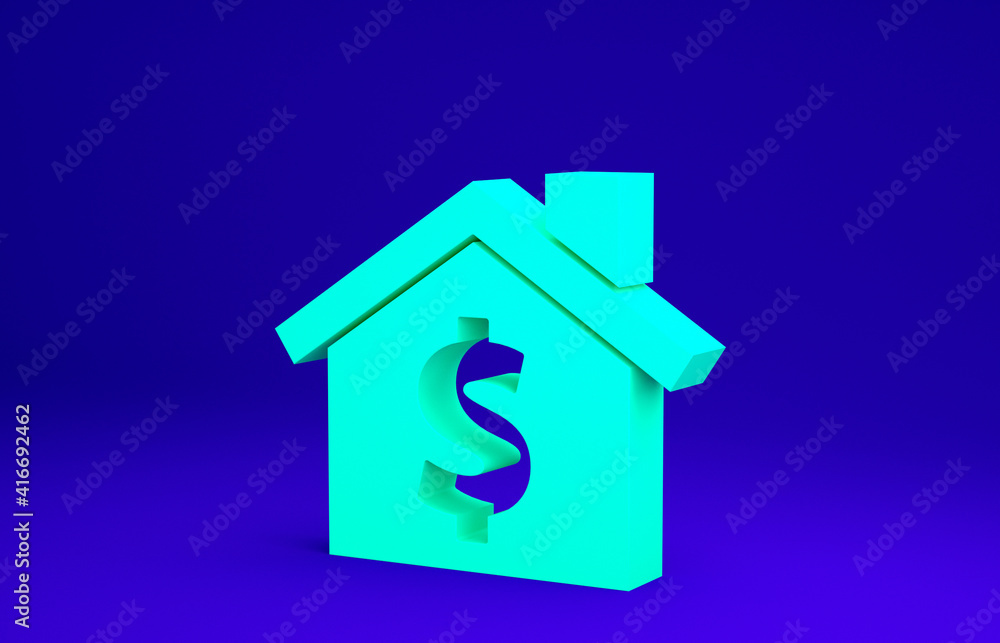 Green House with dollar symbol icon isolated on blue background. Home and money. Real estate concept. Minimalism concept. 3d illustration 3D render. Green House with dollar symbol icon isolated on blue background. Home and money. Real estate concept. Minimalism concept. 3d illustration 3D render.