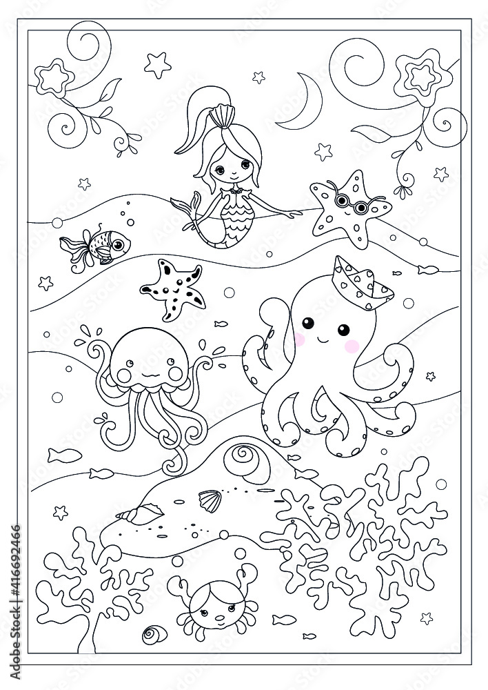 Black and White Cartoon llustrations of Funny Sea Life Animals, Mermaid  and Fish Mascot Characters Group for Children for Coloring Book