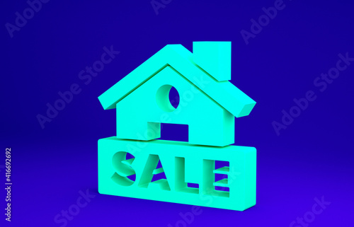 Green Hanging sign with text Sale icon isolated on blue background. Signboard with text Sale. Minimalism concept. 3d illustration 3D render.
