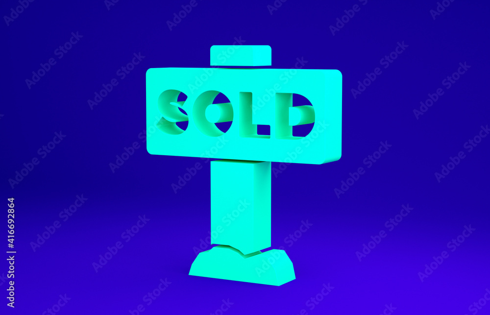 Green Hanging sign with text Sold icon isolated on blue background. Sold sticker. Sold signboard. Minimalism concept. 3d illustration 3D render. Green Hanging sign with text Sold icon isolated on blue background. Sold sticker. Sold signboard. Minimalism concept. 3d illustration 3D render.