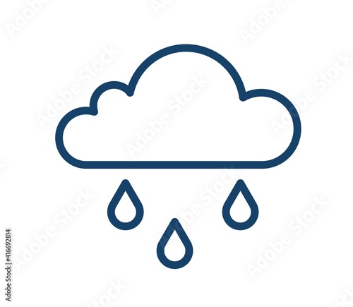 Abstract icon of wet and rainy weather with drops falling from cloud. Simple raincloud logo with three raindrops in line art style. Contoured flat vector illustration of isolated on white background