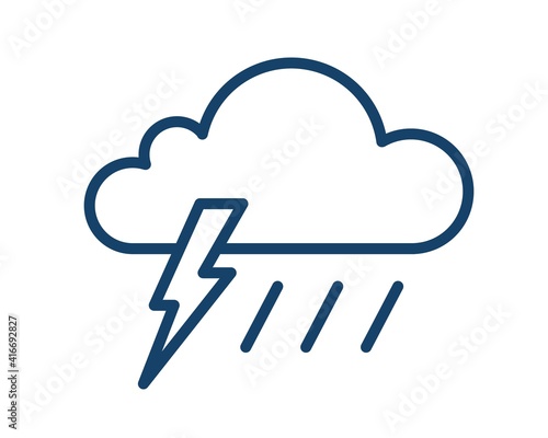 Thunder storm icon with cloud, lightning and rain. Simple weather logo of thu...
