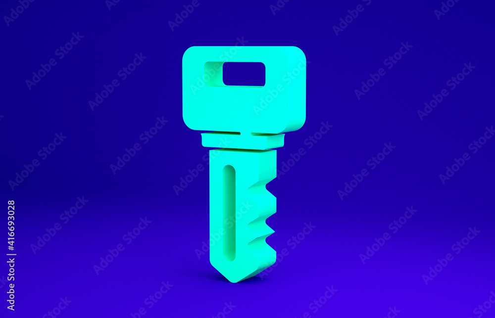 Green House key icon isolated on blue background. Minimalism concept. 3d illustration 3D render. Green House key icon isolated on blue background. Minimalism concept. 3d illustration 3D render.