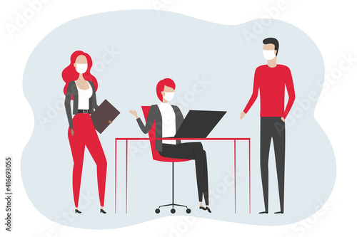 Businesswoman in mask and her subordinates. Vector illustration.