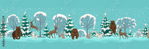 Wild animals in the snow winter forest. Deer, bear and hares walk among the snowy trees. Vector endless seamless border, horizontal pattern.