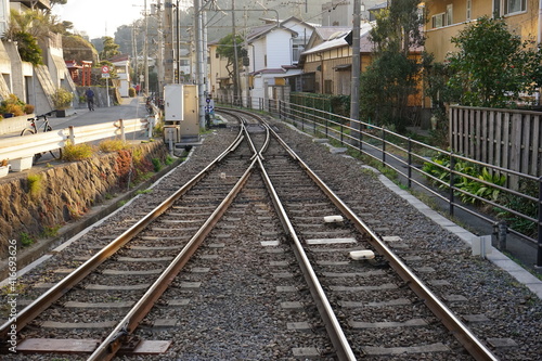 Enoden Railway line merging into single line in Enoshima, Kanagawa prefecture, Japan - 江ノ電 複線から単線へ 日本 