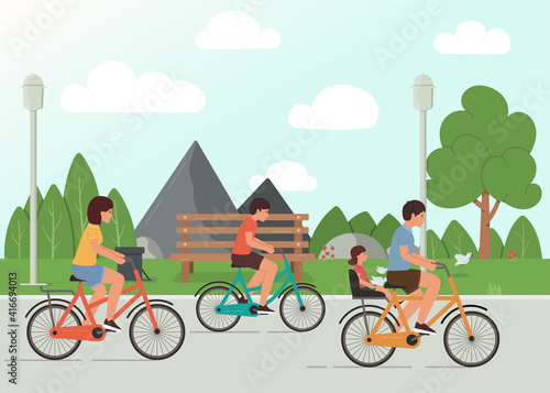 Family cycling in the park, family outdoor activity vector illustration