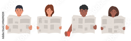 Guys and girls are reading a newspaper, characters in a flat style. Vector illustration