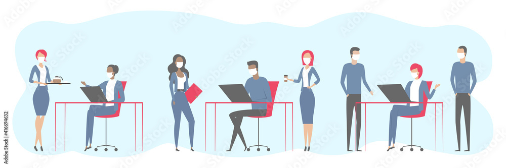 Teamwork in open space office. Employees in masks. Vector illustration.