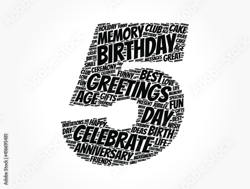 Happy 5th birthday word cloud, holiday concept background
