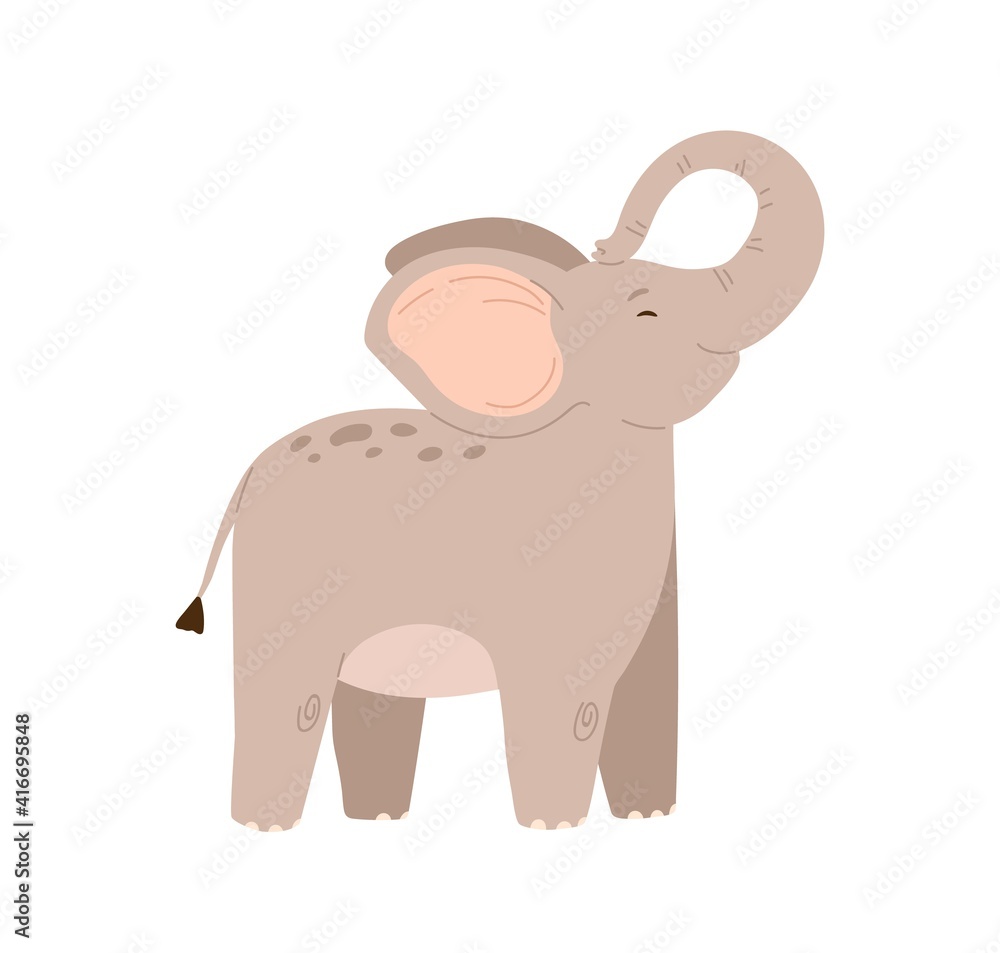 Cute baby elephant standing with trunk raised up. Funny happy animal character. Colored flat vector illustration isolated on white background