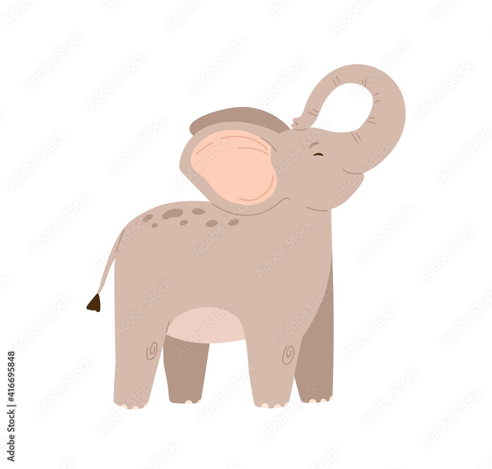 Naklejka premium Cute baby elephant standing with trunk raised up. Funny happy animal character. Colored flat vector illustration isolated on white background